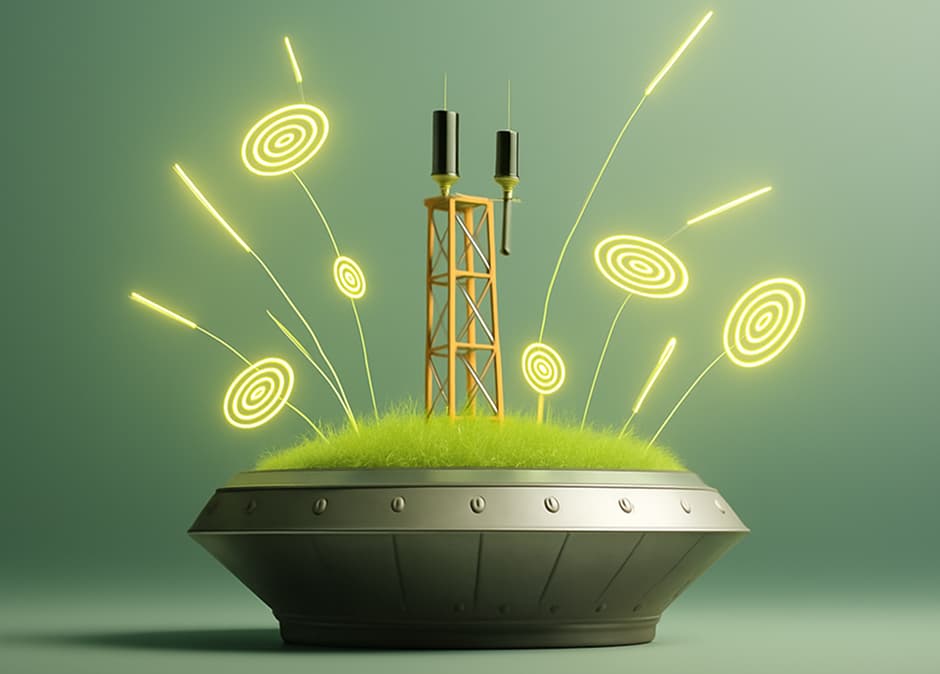 A cellphone tower stands in a futuristic garden, growing amid light-emitting stalks